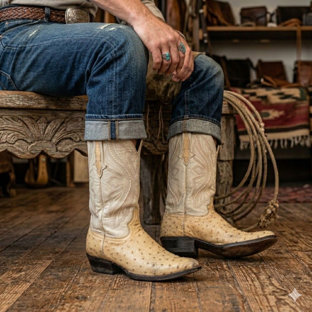 Rodeo Bravo Cream Ostrich Western Cowboy Boots  Mens Size US 9.5  Mexico 26.5